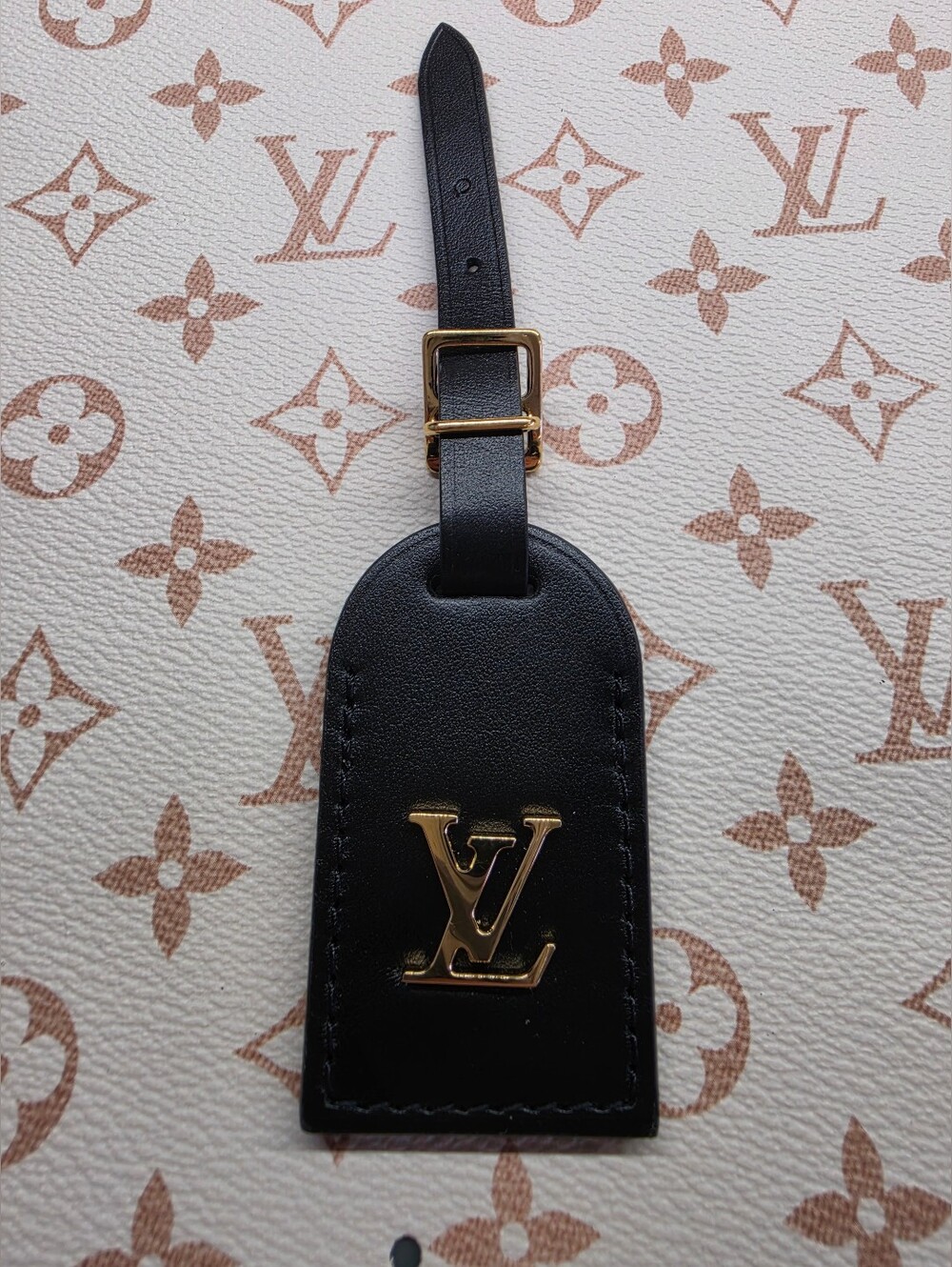 Louis Vuitton Black Leather Bag Tag Luggage with Gold LV Emblem